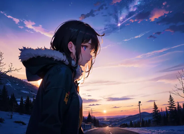 best quality, masterpiece, winter, from side, wind snow effect, starry sky, focus sky, detailed reflex, night, cinematic lighting, caustics, (wide shot:1.1), detailed cute silhouette girl, dirt road, overlook,