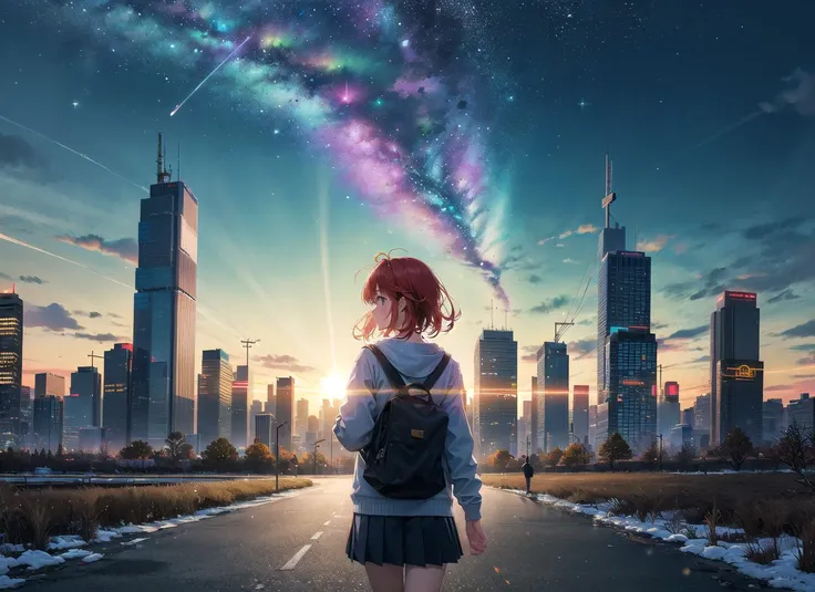 best quality, masterpiece, kat, winter, from behind, cyberpunk, neon city, cityscape, (starry sky:1.1), focus sky, detailed reflex, sunset, back lighting, caustics, (wide shot:1.1), detailed cute silhouette girl, dirt road, overlook, <lora:kataragiStyleV10_v10:0.6:face>