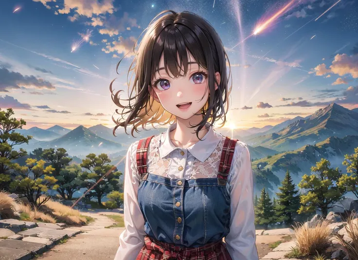 best quality, masterpiece, kat, summer, wind skirt, wind hair, geminids meteor shower, nature, detailed reflex, sunset, cinematic lighting, caustics, (wide shot:1.1), detailed cute girl, mountain road, overlook, smile, open mouth, <lora:kataragiStyleV10_v10:0.6:face>