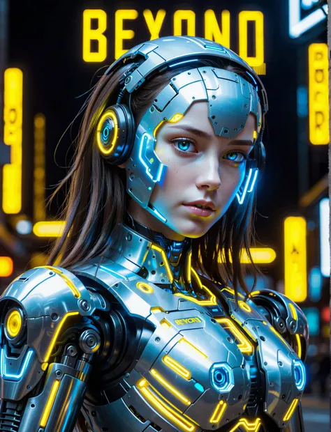 Beyond_Realistic, glowneon, a robot girl, blue, yellow, Beyond text