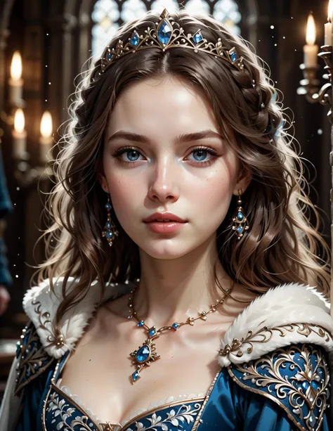 medieval, portrait photo of 25 y.o princess in blue dress, furry white cape, face, pale skin, intricate details, brown hair, B_Illustration, B_illuminated, B_Cinematic, B_Detailed, hair ornament, sparkles, shinny sparkling dress, B_Detail