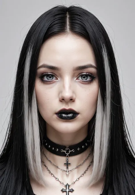 Goth girl, Goth girl 1girl 1girl,solo,long hair,looking at viewer,simple background,black hair, jewelry,white hair,multicolored hair,choker,black eyes,grey background,necklace,(hair over one eye),two-tone hair,cross,portrait