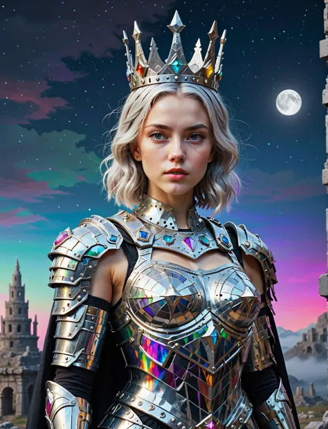 Beyond_Realistic, futuristic sexy princesses armor, vibrant colors, women, silver hair, small princesses crown, black cape, intricate details, gorgeous, weird, serious, roman ruins, (night sky), foggy, 3D front-facing portrait of a lowpoly made of polygons, illuminated by a holographic gradient that shifts through a spectrum of vibrant colors, Detailed Illustration, (moon) clouds, BSDXLPositive,