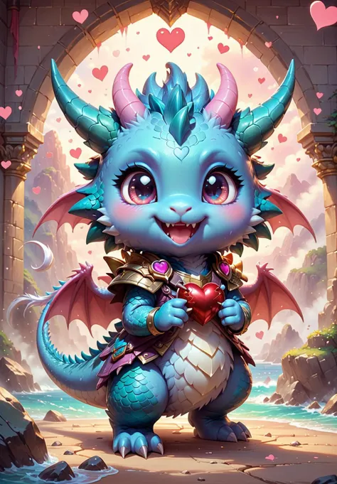 adorable_eyes, mischievous_smile, lovely_outfit, fluffy dragon, kawaii_pose, pastel_background, heart_shaped_weapon, masterpiece, best quality, highly detailed, sharp focus, dynamic lighting, vivid colors, texture detail, particle effects, narrative elements, narrative style, 16k, UE5, HDR, subject-background isolation, a seascape in which some rocks can be seen in the foreground.