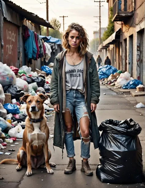 amazing image, highly detailed image, women, sad, amazing lighting, outfit made out of trash, gorgeous hair style, standing, homeless, dog next to her,
