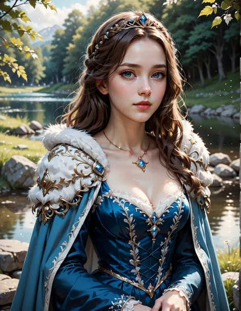 B_Realistic, B_Anime, medieval, portrait photo of 25 y.o princess in blue dress, furry fluffy white cape, face, pale skin, intricate details, brown hair, B_Illustration, B_illuminated, B_Cinematic, B_Detailed, hair ornament, (sparkling), shinny sparkling dress, B_Detail, micro detailed, outdoor stone lake, mountains