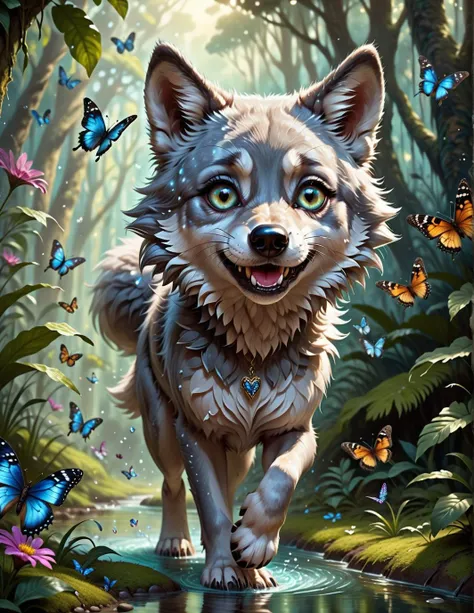 extremely detailed, 1girl, ((cute female wolf, big eyes)), (fur), (detailed face), (happy, relaxed), (((chasing after butterlies))), reflection, (fantasy enchanted rainforest background, butterfly particles, lots of details), sharp focus,