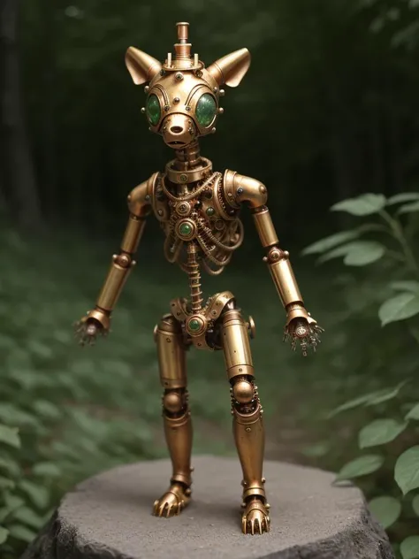 a small adorable mechanical steampunk four-legged creature made of an intricate mix of shiny brass, dull copper and glimmering silver, walking in a lush green forest. [:intricate details:0.3] it has yellow opal eyes. 45