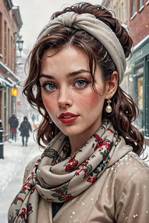 by james jean and norman rockwell, (realistic pin up illustration: 1.4), (hdr: 1.21), 4k, masterpiece, (high quality: 1.2), (detailed face: 1.2), (detailed eyes: 1.3),Ultra Realistic,  Jasmine, elegant, adjusting hair, classy scottish scarf, flirty, walking on snowy streets in Stockholm, B&W picture, <lora:Cine Princesses:0.8>