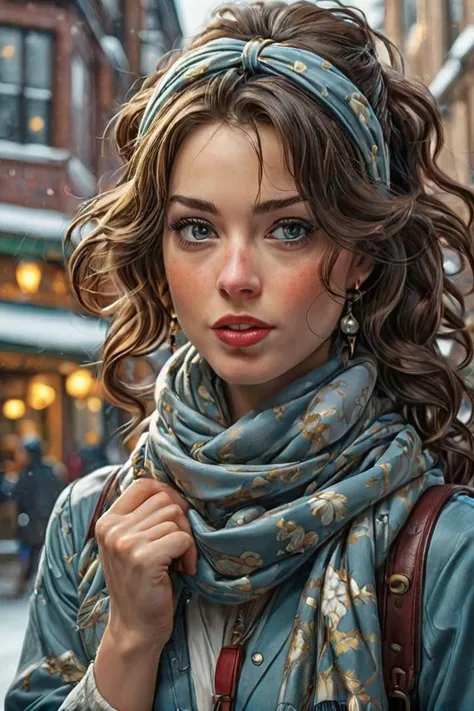 by james jean and norman rockwell, (realistic pin up illustration: 1.4), (hdr: 1.21), 4k, masterpiece, (high quality: 1.2), (detailed face: 1.2), (detailed eyes: 1.3),Ultra Realistic, Jasmine, elegant, adjusting hair, classy scottish scarf, flirty, walking on snowy streets in Stockholm, B&W picture, <lora:Cine Princesses:0.8>