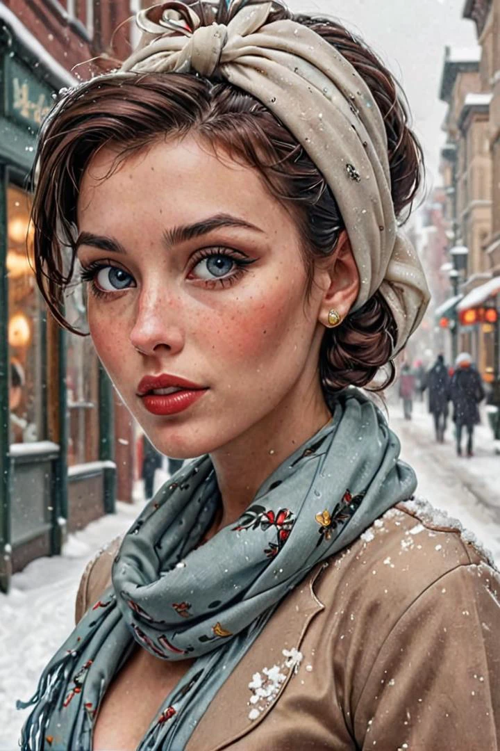 by james jean and norman rockwell, (realistic pin up illustration: 1.4), (hdr: 1.21), 4k, masterpiece, (high quality: 1.2), (detailed face: 1.2), (detailed eyes: 1.3),Ultra Realistic, Jasmine, elegant, adjusting hair, classy scottish scarf, flirty, walking on snowy streets in Stockholm, B&W picture, <lora:Cine Princesses:0.8>