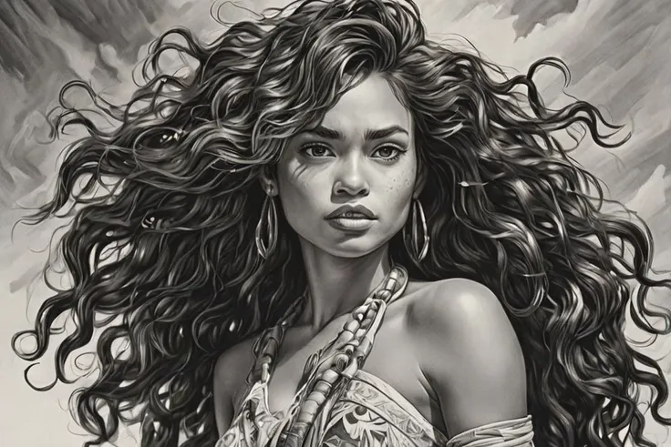 black and white drawing in the style of john byrne, moana, <lora:Cine Princesses:0.8>, classy, elegant, glam, chill, adjusting hair, provocative