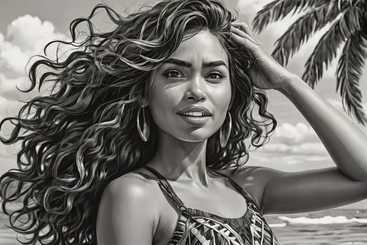 black and white drawing in the style of john byrne, moana, <lora:Cine Princesses:0.8>, classy, elegant, glam, chill, adjusting hair, provocative