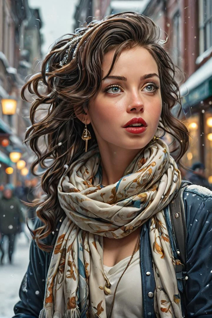 by james jean and norman rockwell, (realistic pin up illustration: 1.4), (hdr: 1.21), 4k, masterpiece, (high quality: 1.2), (detailed face: 1.2), (detailed eyes: 1.3),Ultra Realistic, Jasmine, elegant, adjusting hair, classy scottish scarf, flirty, walking on snowy streets in Stockholm, B&W picture, <lora:Cine Princesses:0.8>