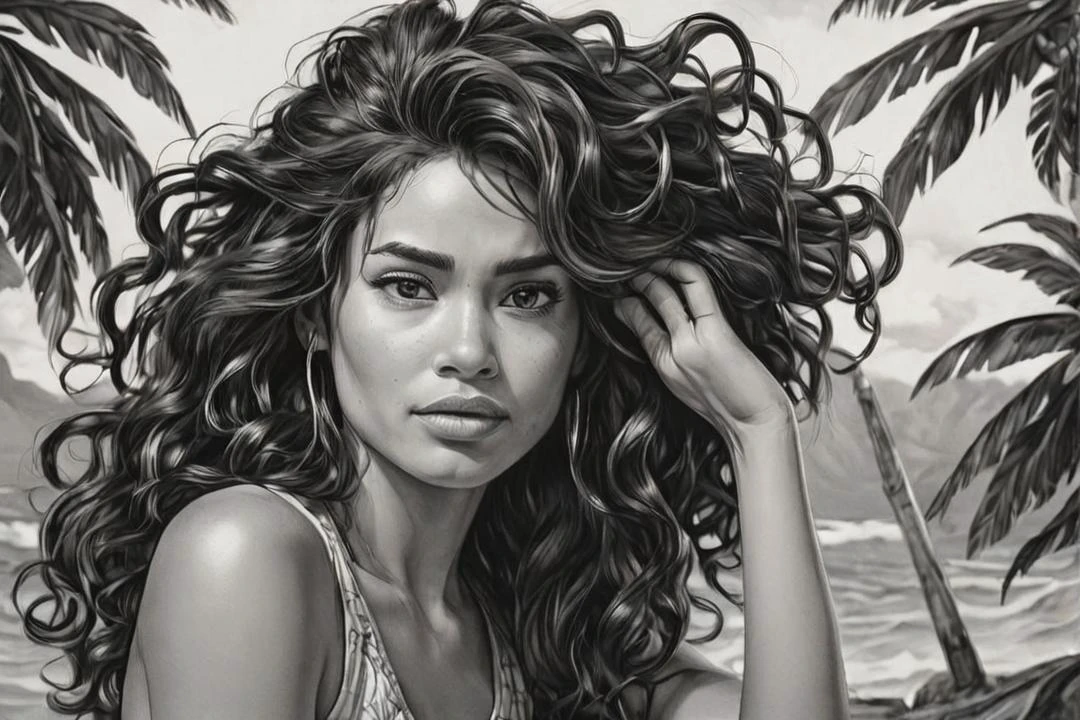 black and white drawing in the style of john byrne, moana, <lora:Cine Princesses:0.8>, classy, elegant, glam, chill, adjusting hair, provocative