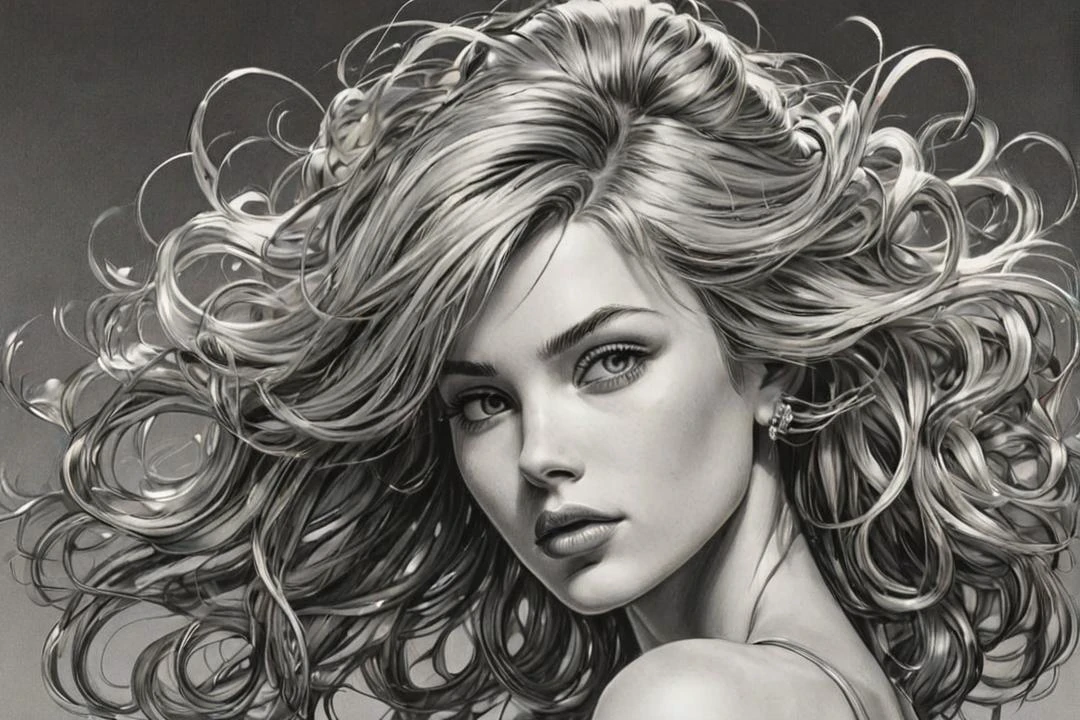 black and white drawing in the style of john byrne, Cinderella <lora:Cine Princesses:0.8>, classy, elegant, glam, chill, adjusting hair, provocative