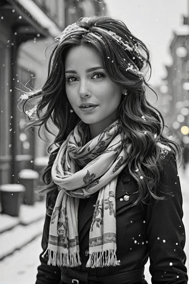 Ultra Realistic, Jasmine, elegant, adjusting hair, classy scottish scarf, flirty, walking on snowy streets in Stockholm, B&W picture, <lora:Cine Princesses:0.8>