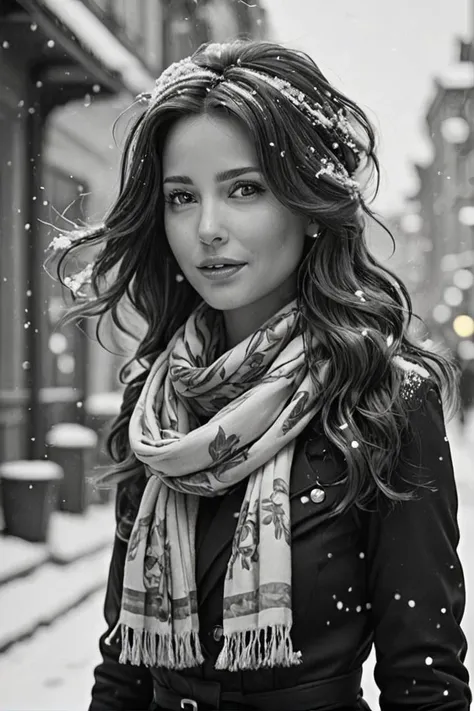 Ultra Realistic,  Jasmine, elegant, adjusting hair, classy scottish scarf, flirty, walking on snowy streets in Stockholm, B&W picture, <lora:Cine Princesses:0.8>