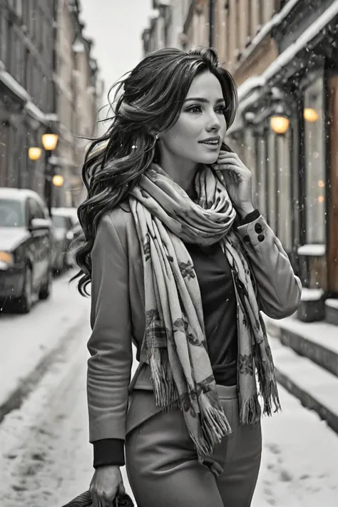 Ultra Realistic,  Jasmine, elegant, adjusting hair, classy scottish scarf, flirty, walking on snowy streets in Stockholm, B&W picture, <lora:Cine Princesses:0.8>