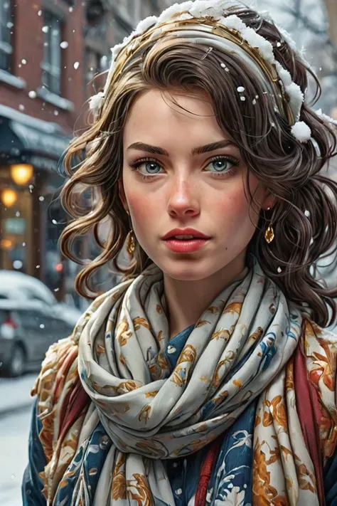 by james jean and norman rockwell, (realistic pin up illustration: 1.4), (hdr: 1.21), 4k, masterpiece, (high quality: 1.2), (detailed face: 1.2), (detailed eyes: 1.3),Ultra Realistic,  Jasmine, elegant, adjusting hair, classy scottish scarf, flirty, walking on snowy streets in Stockholm, B&W picture, <lora:Cine Princesses:0.8>