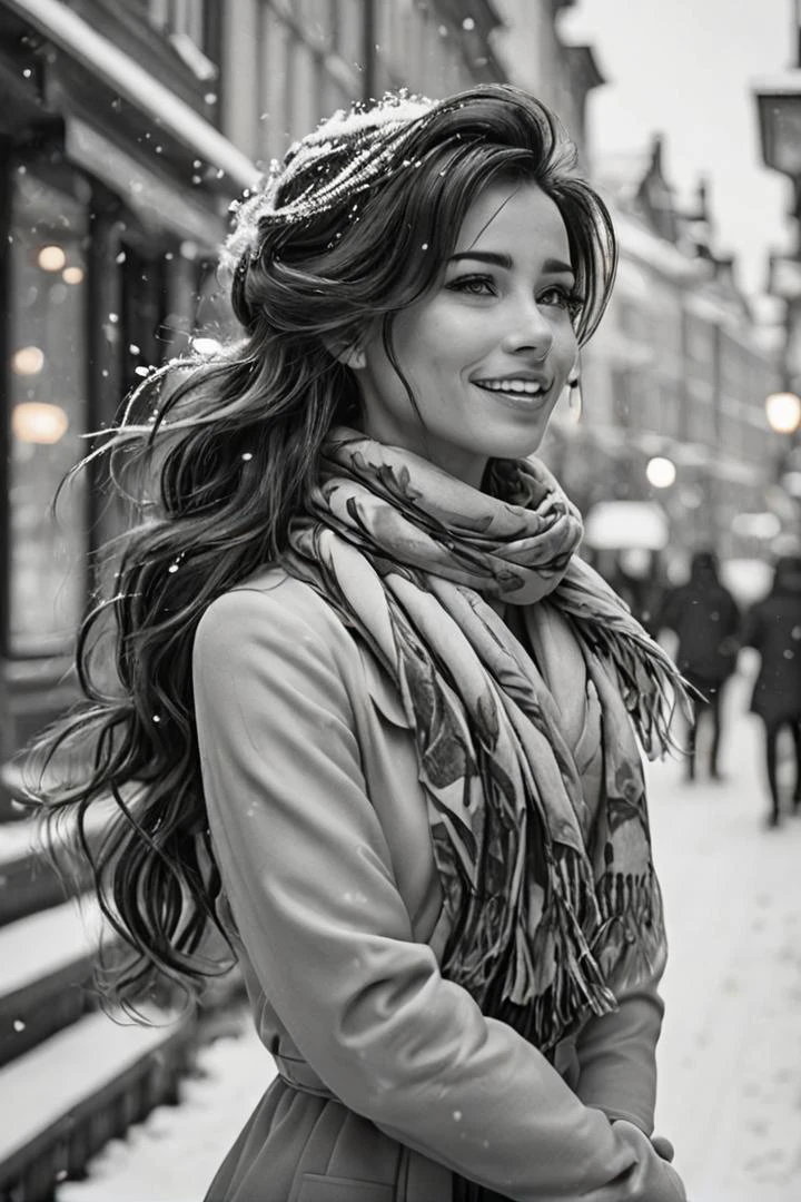 Ultra Realistic, Jasmine, elegant, adjusting hair, classy scottish scarf, flirty, walking on snowy streets in Stockholm, B&W picture, <lora:Cine Princesses:0.8>