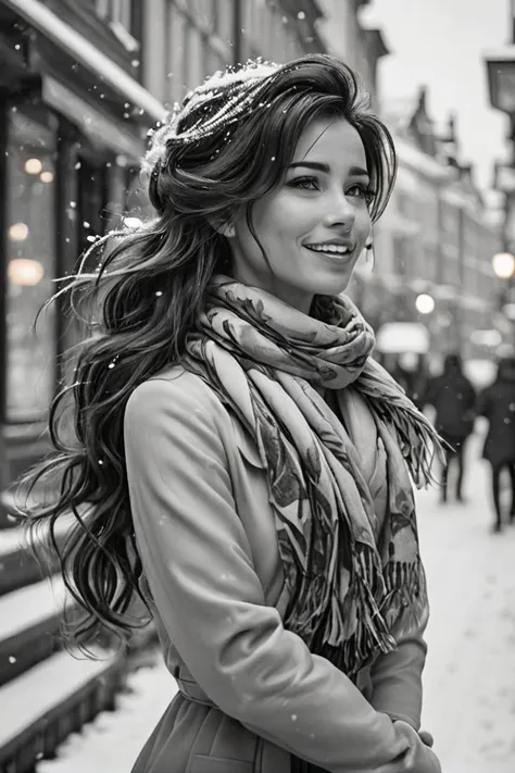 Ultra Realistic,  Jasmine, elegant, adjusting hair, classy scottish scarf, flirty, walking on snowy streets in Stockholm, B&W picture, <lora:Cine Princesses:0.8>