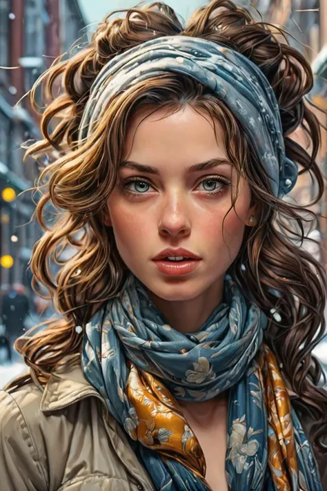 by james jean and norman rockwell, (realistic pin up illustration: 1.4), (hdr: 1.21), 4k, masterpiece, (high quality: 1.2), (detailed face: 1.2), (detailed eyes: 1.3),Ultra Realistic,  Jasmine, elegant, adjusting hair, classy scottish scarf, flirty, walking on snowy streets in Stockholm, B&W picture, <lora:Cine Princesses:0.8>