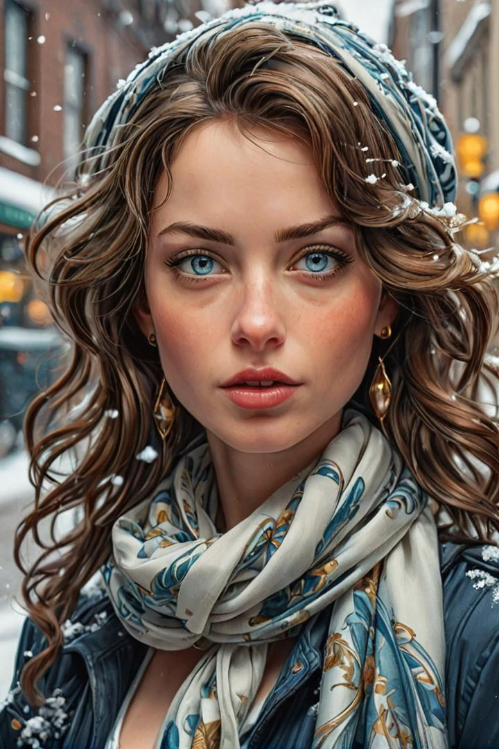 by james jean and norman rockwell, (realistic pin up illustration: 1.4), (hdr: 1.21), 4k, masterpiece, (high quality: 1.2), (detailed face: 1.2), (detailed eyes: 1.3),Ultra Realistic, Jasmine, elegant, adjusting hair, classy scottish scarf, flirty, walking on snowy streets in Stockholm, B&W picture, <lora:Cine Princesses:0.8>