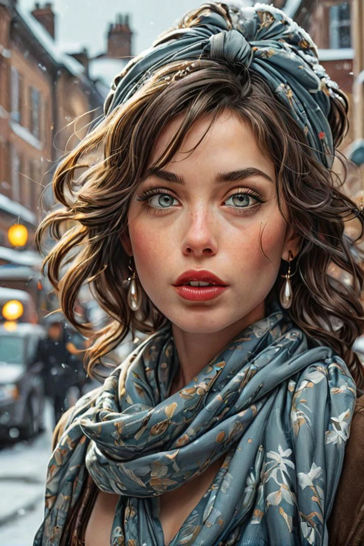 by james jean and norman rockwell, (realistic pin up illustration: 1.4), (hdr: 1.21), 4k, masterpiece, (high quality: 1.2), (detailed face: 1.2), (detailed eyes: 1.3),Ultra Realistic, Jasmine, elegant, adjusting hair, classy scottish scarf, flirty, walking on snowy streets in Stockholm, B&W picture, <lora:Cine Princesses:0.8>