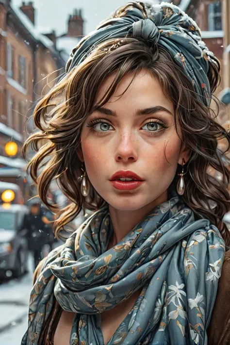 by james jean and norman rockwell, (realistic pin up illustration: 1.4), (hdr: 1.21), 4k, masterpiece, (high quality: 1.2), (detailed face: 1.2), (detailed eyes: 1.3),Ultra Realistic,  Jasmine, elegant, adjusting hair, classy scottish scarf, flirty, walking on snowy streets in Stockholm, B&W picture, <lora:Cine Princesses:0.8>