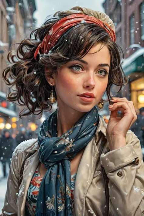 by james jean and norman rockwell, (realistic pin up illustration: 1.4), (hdr: 1.21), 4k, masterpiece, (high quality: 1.2), (detailed face: 1.2), (detailed eyes: 1.3),Ultra Realistic,  Jasmine, elegant, adjusting hair, classy scottish scarf, flirty, walking on snowy streets in Stockholm, B&W picture, <lora:Cine Princesses:0.8>