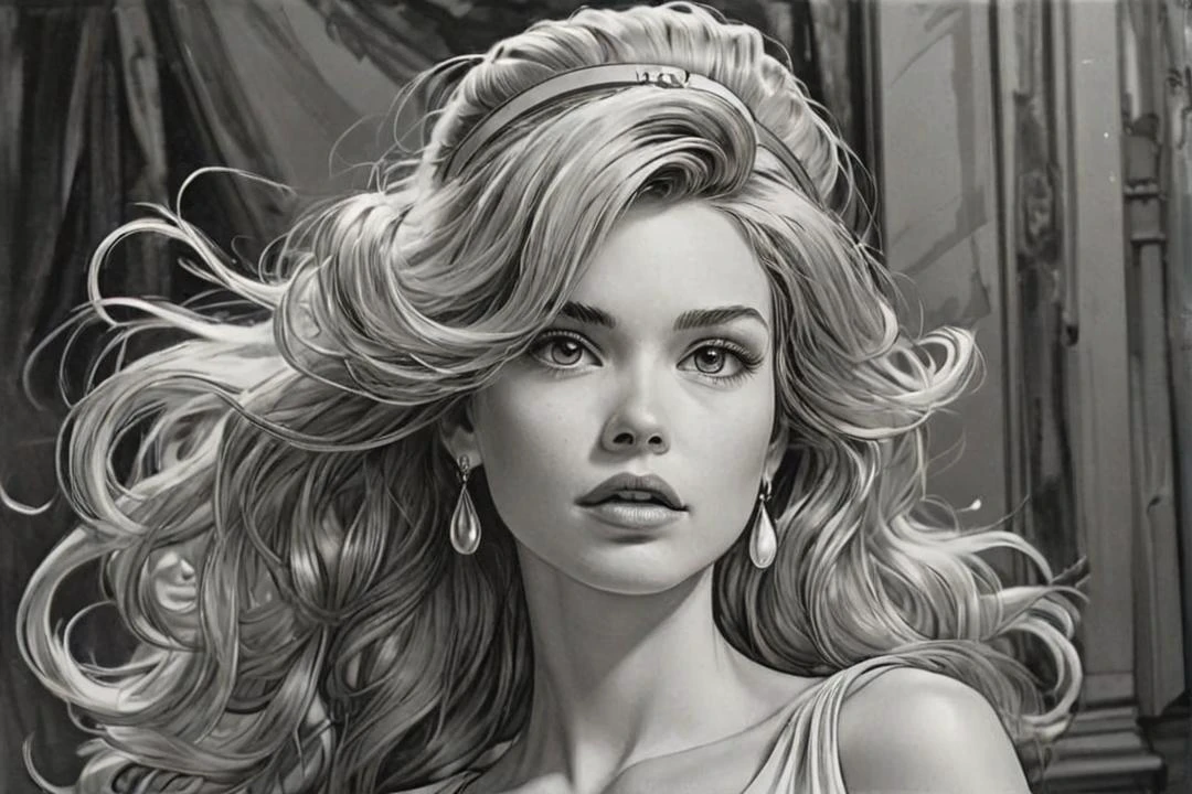 black and white drawing in the style of john byrne, Cinderella <lora:Cine Princesses:0.8>, classy, elegant, glam, chill, adjusting hair, provocative