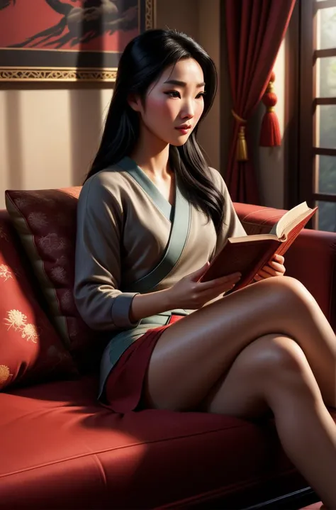 Ultra Realistic,Mulan, wearing comfortable clothes, sitting on a couch, reading a book, shadows, relaxed, elegant, <lora:Cine Princesses:1> <lora:EnvyEleganceXL01:1>