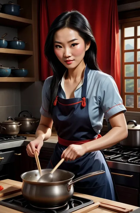 Ultra Realistic,Mulan, wearing an apron, stirring a steaming pot in the kichen, cooking, relaxed, elegant, <lora:Cine Princesses:1> <lora:EnvyEleganceXL01:1>