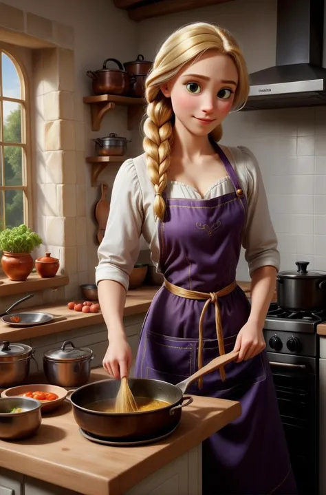 Ultra Realistic,Rapunzel, wearing an apron, stirring a steaming pot in the kichen, cooking, relaxed, elegant,      <lora:Cine Princesses:1>  <lora:EnvyEleganceXL01:1>