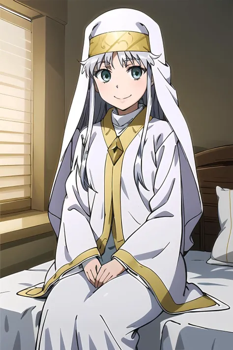 masterpiece, 1girl, index \(toaru majutsu no index\), long dress, silver hair, veil, sitting, cute, smile, bedroom, bright, anime, highly detailed