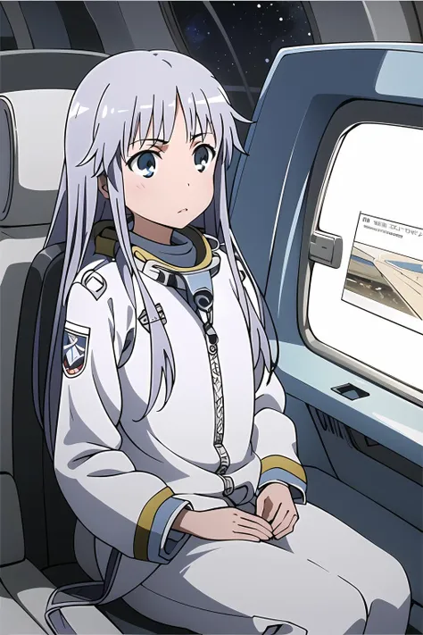 masterpiece, 1girl, index \(toaru majutsu no index\), cute, best quality, blue and white space suit, space crew suit, silver hair, sitting in pilot seat, space ship cockpit, space in window, high tech, digital terminal, best quality, anime, highly detailed