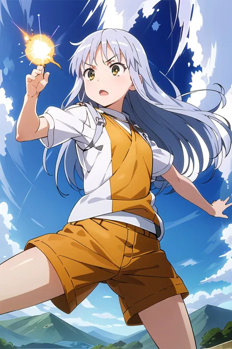 masterpiece, 1girl, index \(toaru majutsu no index\), cute, best quality, orange training shorts, silver hair, orange training shirt, martial arts, standing, kamehameha, mountains, clouds, charging energy blast, best quality, anime