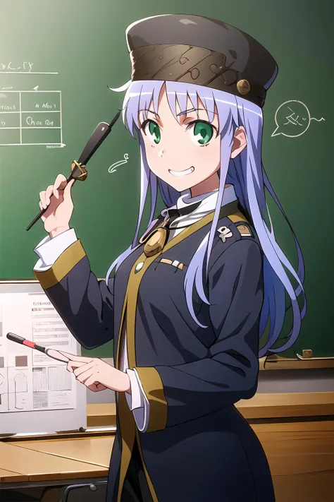 masterpiece, 1girl, index \(toaru majutsu no index\), cute, green eyes, black dress, teaching, (monocle), large auditorium, chalk board, magic teacher, black academic hat, magic wand, grin, black academy outfit