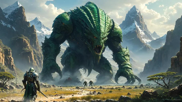 alien landscape, full body Biomechanical towering metallic giant monsters, Enigmatic ruins hinting at ancient civilizations, Emerald valley nestled between towering mountains , alien flora, alien fauna, Rim Lighting, <lora:PE_NeonUV Style:0.7> PENeonUV, <lora:xl_more_art-full_v1:0.4> <lora:XL_boss_battle:1> Bosstyle, highly detailed, photorealism, hyperrealism, sharp focus