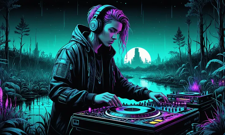 Beautiful detailed digital illustration of a Cyberpunk DJ mixing synthetic beats at a Dark swamp with will-o'-wisps leading astray <lora:InkArtXL_1.2:0.7> ink art, line art, <lora:PE_NeonUV Style:0.7> PENeonUV