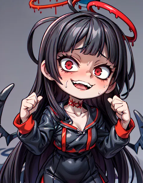 chibi, anime, overdetalization, good quality, masterpiece, 1girl, <lora:ba_tsurugi:1> tsurugi \(blue archive\), halo, choker, black wings, spooky, creepy, black hair, creepy face, GesuGao <lora:GesuGao:0.5> <lora:more_details:1>