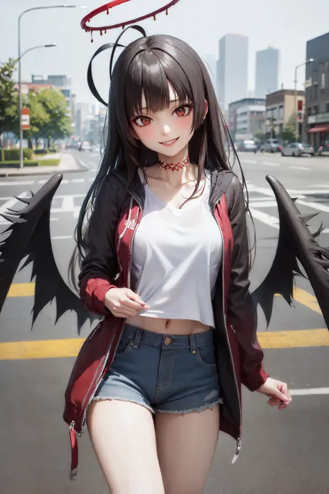 (masterpiece, best quality:1.2), <lora:ba_tsurugi-10:0.8>, cowboy shot, solo, 1girl, tsurugi \(blue archive\), smile, closed mouth, looking at viewer, halo, hoodie, shorts, choker, black wings, cityscape, street