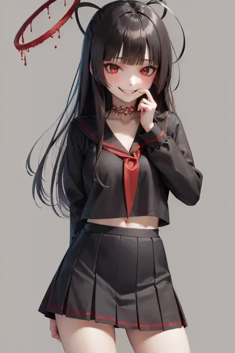 (masterpiece, best quality:1.2), <lora:ba_tsurugi-10:0.8>, cowboy shot, solo, 1girl, tsurugi \(blue archive\), evil grin, looking at viewer, hands on own face, halo, school uniform, black serafuku, black sailor collar, black pleated skirt
