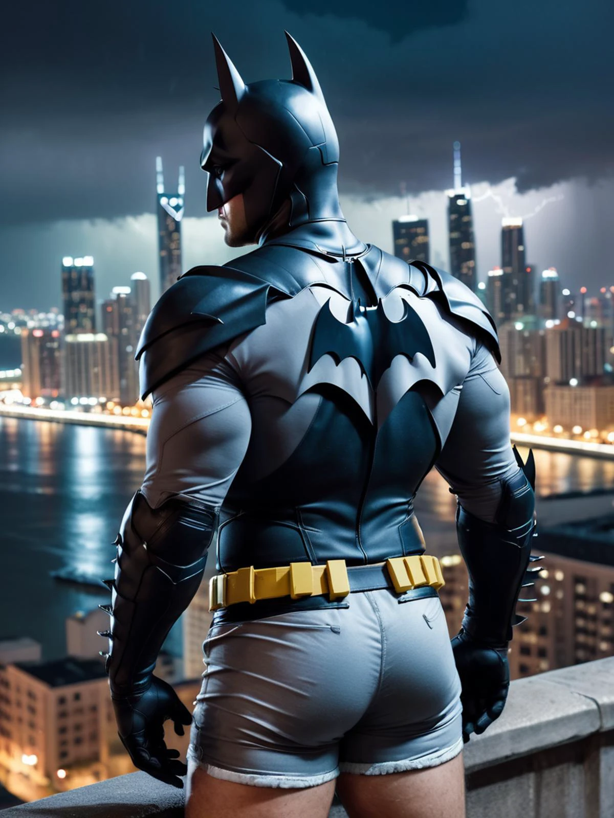 <lora:btty:0.75> Batman (wearing btty), nighttime, stormy, cityscape in background, raw photo, 8k, big ass, view from behind, shorts