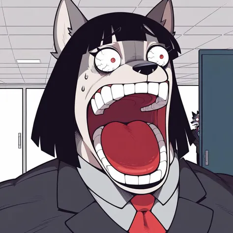 score_9, score_8_up, score_7_up, 1girl, solo focus, furry female, anthro, wolf, gray body, black hair, blunt bangs, red eyes, medium hair, bulky, massive, hyper muscles, broad shoulders, huge arms, thick thighs, medium breasts, formal wear, blazer, shirt, office, enel face, open mouth, sweat, teeth, wide-eyed, constricted pupils,