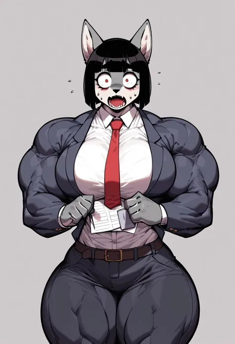 score_9, score_8_up, score_7_up, 1girl, solo focus, furry female, anthro, wolf, gray body, black hair, blunt bangs, red eyes, medium hair, bulky, massive, hyper muscles, broad shoulders, huge arms, thick thighs, medium breasts, formal wear, blazer, shirt, pants, belt, office, enel face,open mouth,sweat,teeth,wide-eyed,constricted pupils,