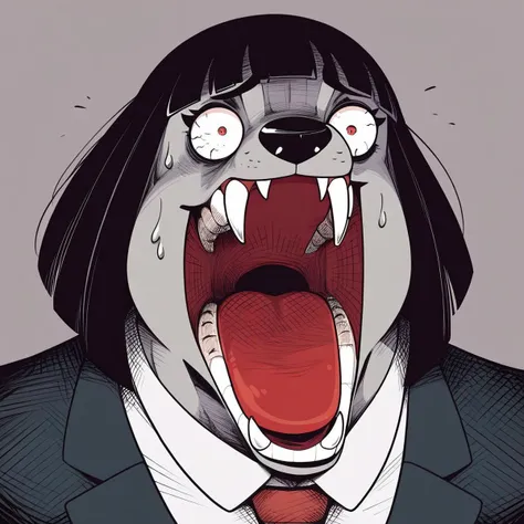 score_9, score_8_up, score_7_up, 1girl, solo focus, furry female, anthro, wolf, gray body, black hair, blunt bangs, red eyes, medium hair, bulky, massive, hyper muscles, broad shoulders, huge arms, thick thighs, medium breasts, formal wear, blazer, shirt, office, enel face, open mouth, sweat, teeth, wide-eyed, constricted pupils, fangs, sharp teeth