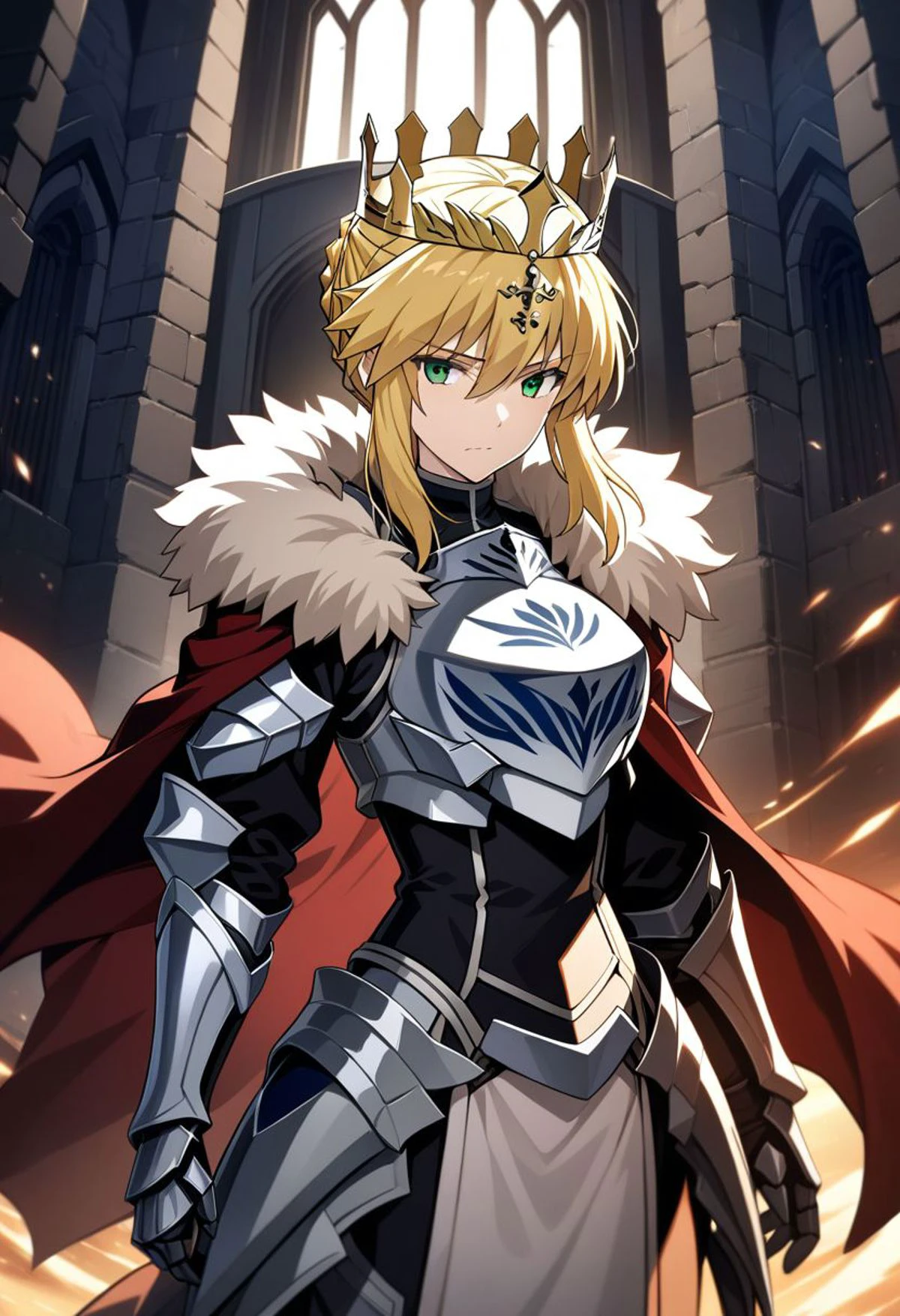 <lora:Artoria_Lancer_FGO:0.8> ((masterpiece)), ((best quality)), (ultra-detailed), absurdres, extremely detailed CG unity 8k wallpaper, Official Art, Accurate describe shapes, detailed hands, expressive eyes, close-up, solo, (castle, scenery, dramatic lighting, illustration:1.1), (standing, rhongomyniad, serious:1.2), (1girl, mature female, artoria lancer, french braid, blonde hair, green eyes:1.4), (breastplate, full armor, red cape, fur trim, gauntlets, crown, waist fauld:1.3), , ((masterpiece)), absurdres, HDR,, <lora:GoodHands-beta2:1.0>