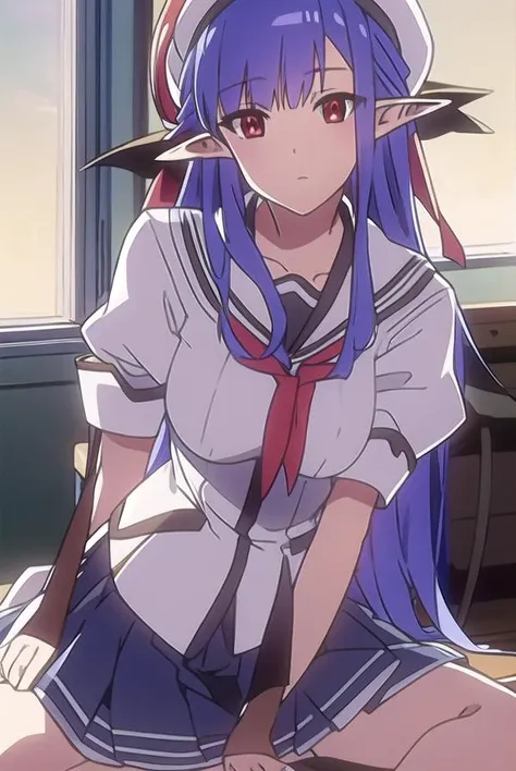 shufflenerine, <lyco:nerine-LYCORIStest:1>,
nerine, long hair, blue hair, pointy ears, (red eyes:1.5),
BREAK skirt, hat, school uniform, short sleeves, socks, puffy sleeves, puffy short sleeves, beret,
BREAK looking at viewer,
BREAK indoors, classroom,
BREAK <lora:GoodHands-vanilla:1>, (masterpiece:1.2), best quality, high resolution, unity 8k wallpaper, (illustration:0.8), (beautiful detailed eyes:1.6), extremely detailed face, perfect lighting, extremely detailed CG, (perfect hands, perfect anatomy),